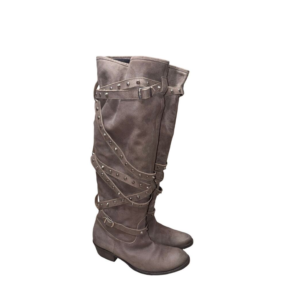 Via Roma 15 Gray Suede Wrap-Around Studded Straps Knee-High Boots Size: 38/US 8